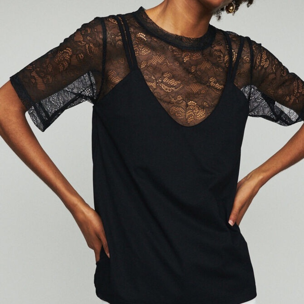Maje Tony Layered Cotton blend Jersey Lace Top b3a